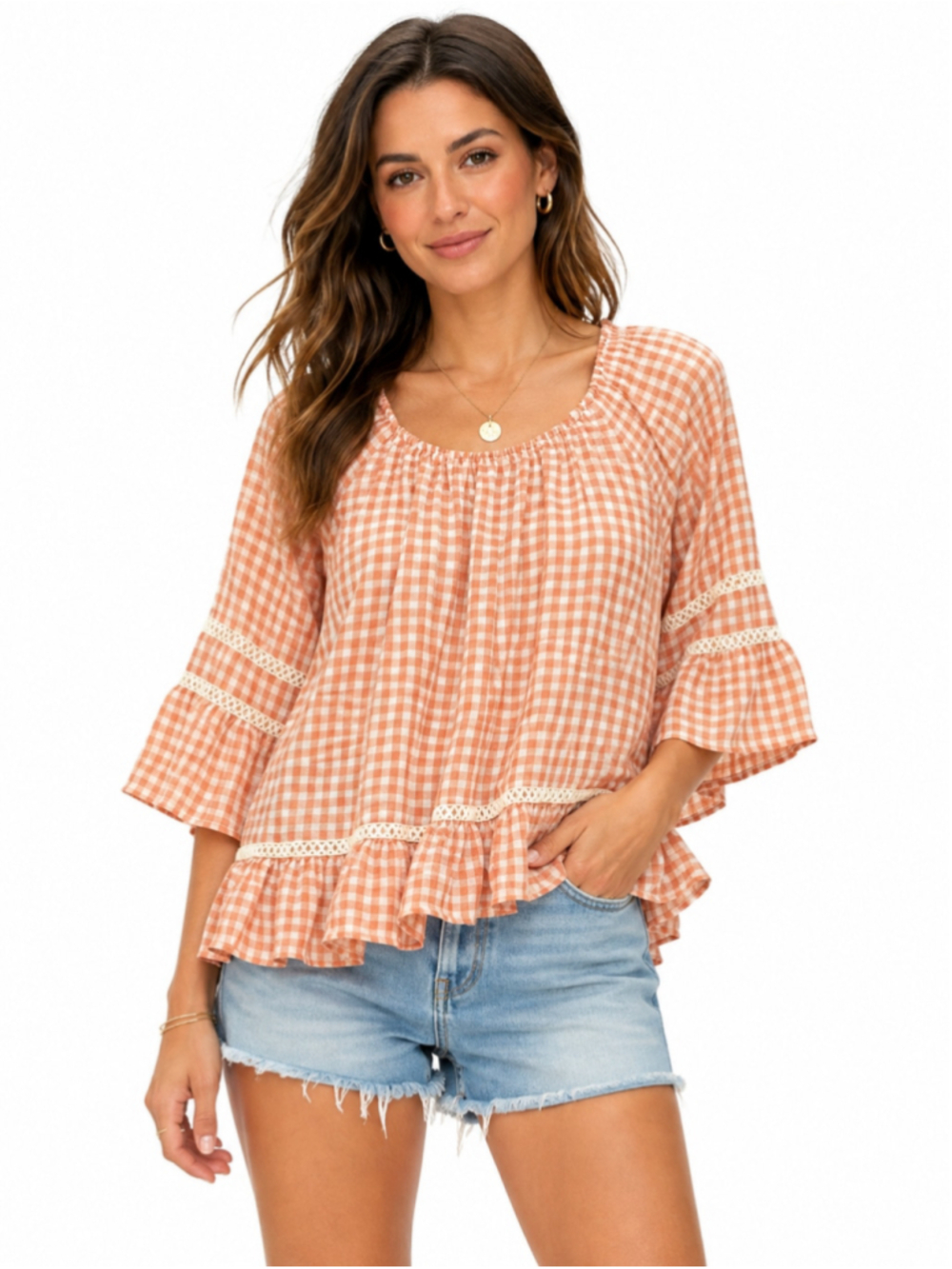 John Paul Richard Gingham Ruffle Blouse Size L Peach Boho Cottagecore Top